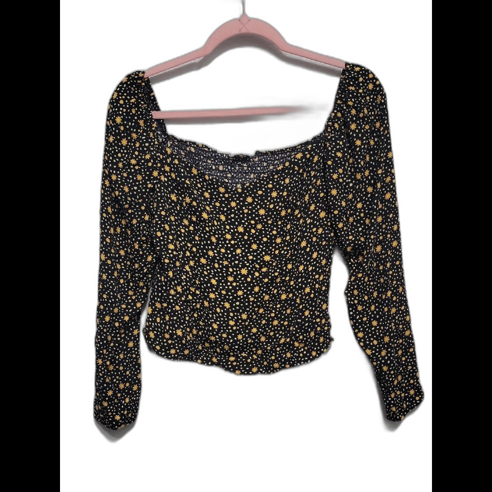 Reformation Black Smocked Peasant Top with Yellow Daisy Print